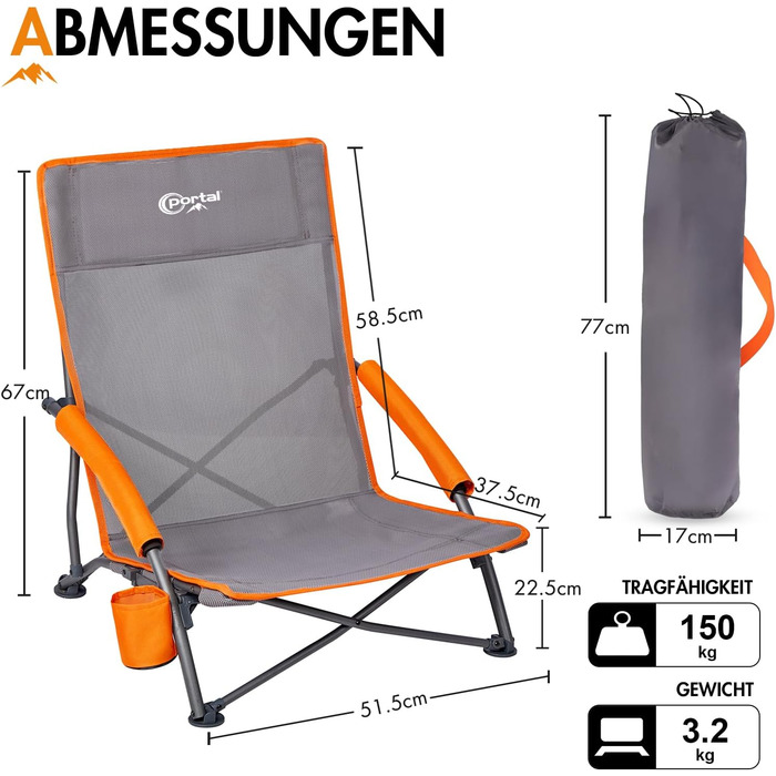 Складаний пляжний стілець Portal, легкий кемпінговий стілець, низькопрофільний, дихаюча тканина, вантажопідйомність 150 кг, портативний складний стілець з сумкою для перенесення та тримачем для напоїв для пляжу, саду, походів, сірий, 2 шт.
