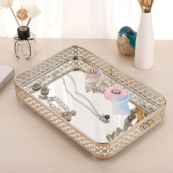 Піднос для парфумів ELLDOO, піднос із дзеркалом, піднос для макіяжу, різьблений піднос для ювелірних виробів, скло, метал, піднос для зберігання ювелірних виробів, органайзер для дому, золотий, середній розмір золото, срібло 30 x 20,1 x 5,1 см