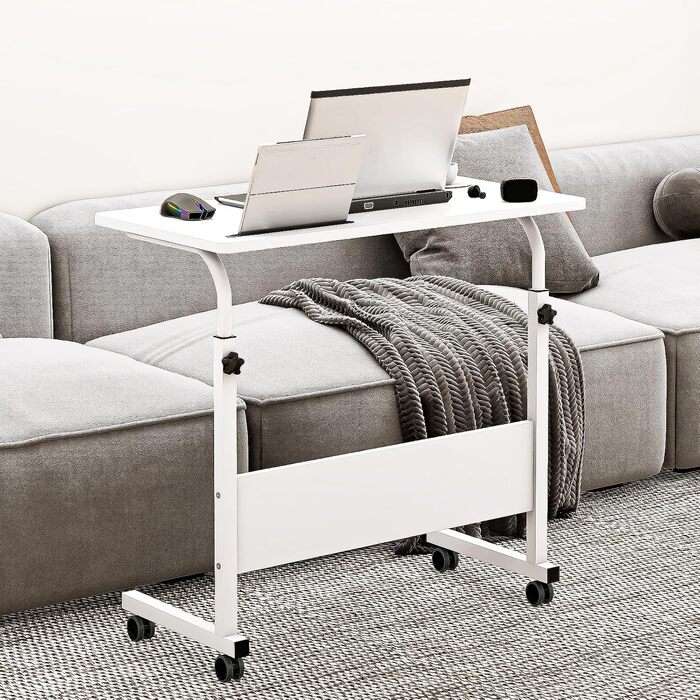 Стіл для ноутбука/комп&39ютерний стіл з регульованою висотою та відділенням для планшета Sogesfurniture, 80 x 40 см, стіл для ПК/диванний столик/стіл для медсестри/бічний столик з колесами, білий.
