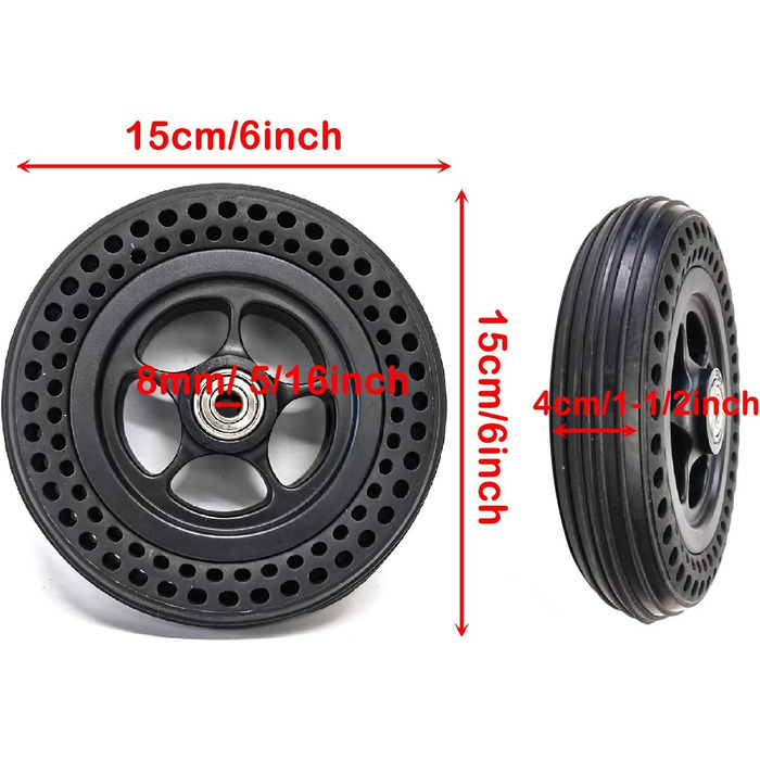Пара 6-дюймових коліс інвалідного візка переднє колесо, 6x1 1/4 стільникових твердих гумових коліс електричного інвалідного візка запчастини, підшипник 5/16 '(8 мм) для заміни електричного інвалідного візка 6 дюймів / 15 см Чорний, 1
