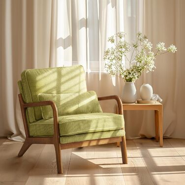 Крісло Bonnlo, м&39яке коктейльне крісло, сучасне крісло для відпочинку, крісло з відкидною спинкою для вітальні, м&39яке крісло з масиву дерева, крісло для читання, вантажопідйомність до 200 кг, вельветова тканина (зелений колір)