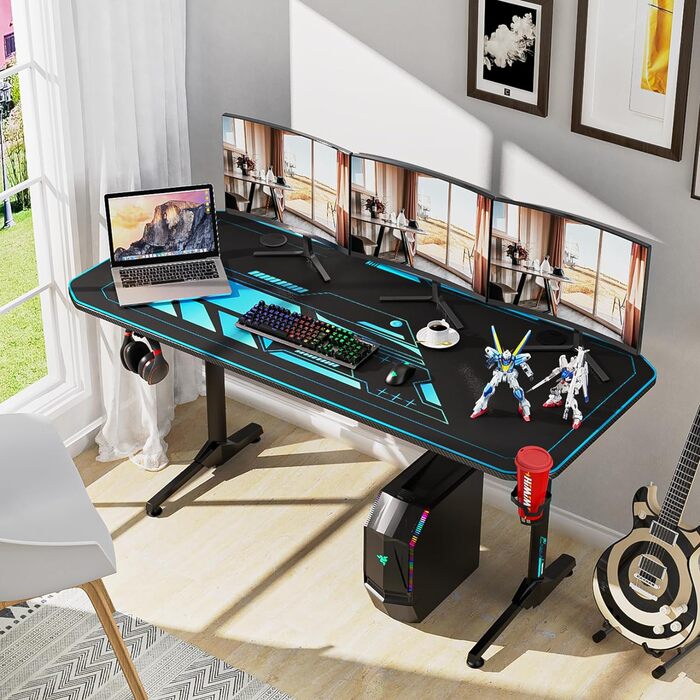 Ігровий стіл Himimi 160x75 см, ергономічний великий ігровий стіл, Т-подібний комп'ютерний стіл для ПК-геймерів з великою підставко