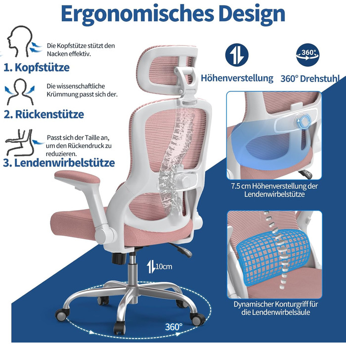 Ергономічне офісне крісло TRALT - Ігрове крісло з регульованим підголівником та поперековою опорою - Офісне крісло для дому - Комп&39ютерне крісло для високих людей - Сітчасте крісло, вантажопідйомність 150 кг, рожеве