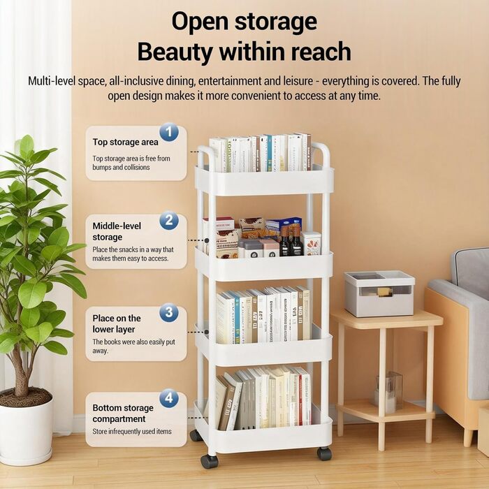Візок на колесах, кухонний візок, кухонна полиця, нішева полиця з колесами, що обертаються на 360, сталева рама, 5-ярусний сервірувальний візок для ванної кімнати, кухні, офісу, 41 x 28 x 128 см, білий