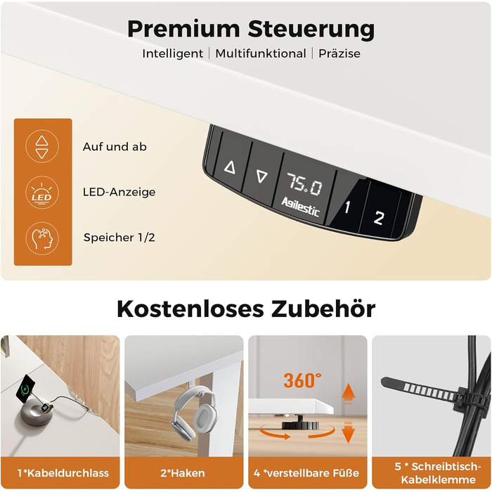 Електричний стіл Agilestic, 160 x 90 см, метал / дерево, білий