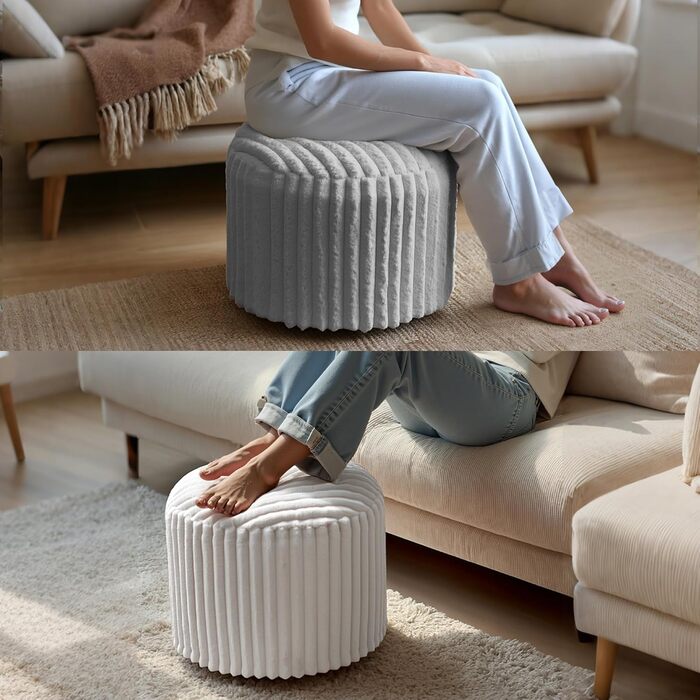 Круглий пуф-табурет, кругла пуф-мішок для ніг, диванний табурет, пуф для ніг з високоякісним штучним хутром, пуф, подушка-пуф для квасолі, сидіння для дивана та вітальні, 38x50x50 см, білий
