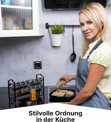 Підставка для спецій Deco haus, настінна та настінна З БАНКАМИ ДЛЯ СПЕЦІЙ ТА ЕТИКЕТКАМИ - Органайзер для спецій - Підставка для спецій, Підвісна система зберігання спецій, Банки для спецій з полицею, Чорний - Набір з 12 предметів