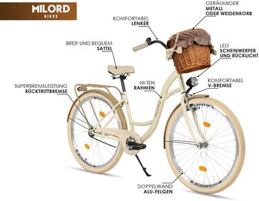 Велосипед Milord Comfort з плетеним кошиком, голландський велосипед, жіночий велосипед, міський велосипед, ретро, вінтажний, 28 дюймів, зелено-кремовий, 1 швидкість