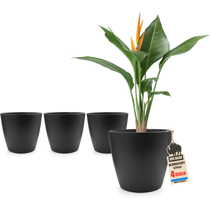 Набір із 4 пластикових квіткових горщиків/каструль BigDean у сучасному стилі (графіт, ø 24 см), підходить для використання в приміщенні та на вулиці