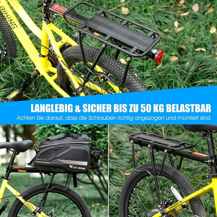 Багажник для гірського велосипеда West Biking - Стабільний багажник для велосипеда Міцний багажник для гірського велосипеда Алюмінієвий багажник для велосипеда, легкий монтаж Задній багажник для велосипеда Максимальне навантаження 50 кг Чорний
