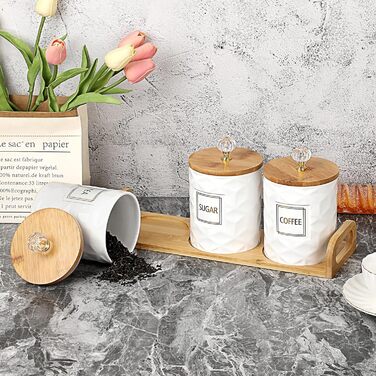 Набір керамічних контейнерів для зберігання, біла керамічна банка з бамбуковою кришкою та підносом, герметичні контейнери для зберігання продуктів на кухонній стільниці, 3 контейнери для цукру, кави, чаю, місткістю 1 літр кожен