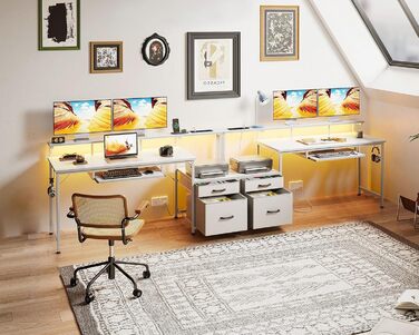 Ігровий стіл Coleshome зі світлодіодним освітленням, 140x48 см, стіл з тканинними шухлядами, комп&39ютерний стіл з 2 розетками та 2 USB-портами, ігровий стіл з підставкою для монітора для домашнього офісу, білий 140x48 см