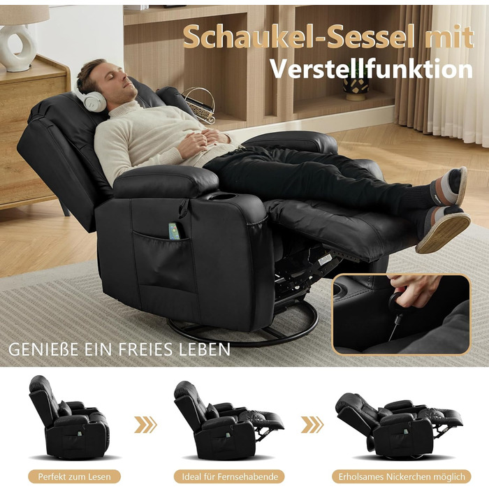 Крісло-гойдалка з функцією відкидання спинки, масажне крісло з функцією підігріву, крісло для телевізора з поворотом на 360 для вітальні, крісло-гойдалка з подушками/бічними кишенями/підстаканником (чорне)