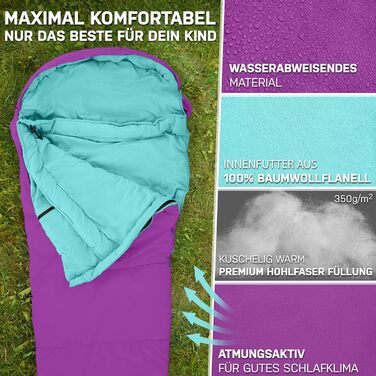 Дитячий спальний мішок для хлопчиків та дівчаток зростом до 145 см Підкладка 100 бавовна Легкий та теплий спальний мішок для мам Дитячий спальний мішок для активного відпочинку 1200 г Дитячі спальні мішки для кемпінгу, фіолетовий/бірюзовий