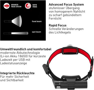 Світлодіодний налобний ліхтар Ledlenser H8R, акумуляторний від літієвої батареї 18650, 600 люмен, фокусувальний, до 120 годин роботи, червоне заднє світло, поворотний, кабель для заряджання USB, налобний