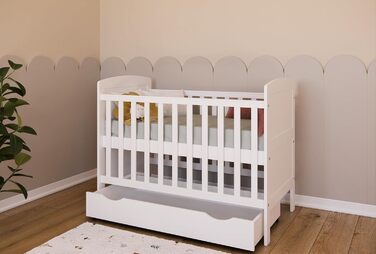 Дитяче ліжко/ліжечко Kids Collective 70x140 см з матрацом та шухлядою, трансформоване ліжечко, регульована висота Біле дитяче ліжко, зроблено в Європі, 70x140 см Від народження до 6 років, 70 x 140 см з шухлядою матрац, біле