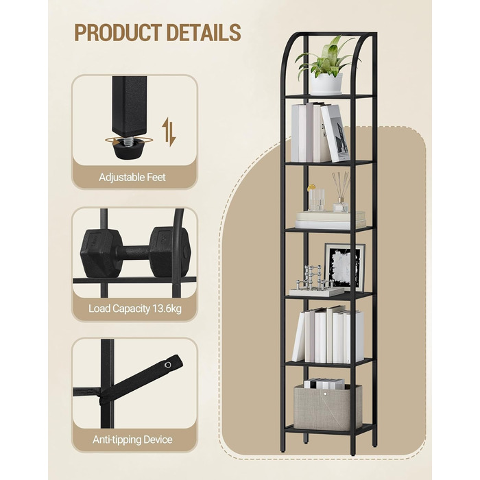 Полиця Hzuaneri, книжкова шафа, 6-ярусна полиця, полиця для DVD, вузькі полиці, офісна полиця в індустріальному стилі, металевий каркас для вітальні, спальні, кухні, чорна BC56004B 30 x 33,6 x 182,5 см чорна