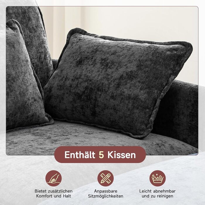 Модульний кутовий диван, L-подібний диван для вітальні, надзвичайно глибокі, зручні дивани-хмарки з шенілу з декоративними подушками та розсувною оттоманкою (чорний, 3 місця з 1 оттоманкою) Чорний 3 місця з 1 оттоманкою