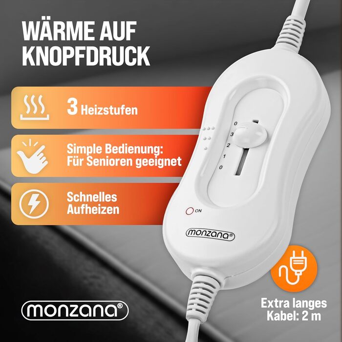Підковдра Monzana з підігрівом 150x80 см, 3 режими нагріву, 60 Вт, біла, із захистом від перегріву, ковдра, яку можна прати в пральній машині