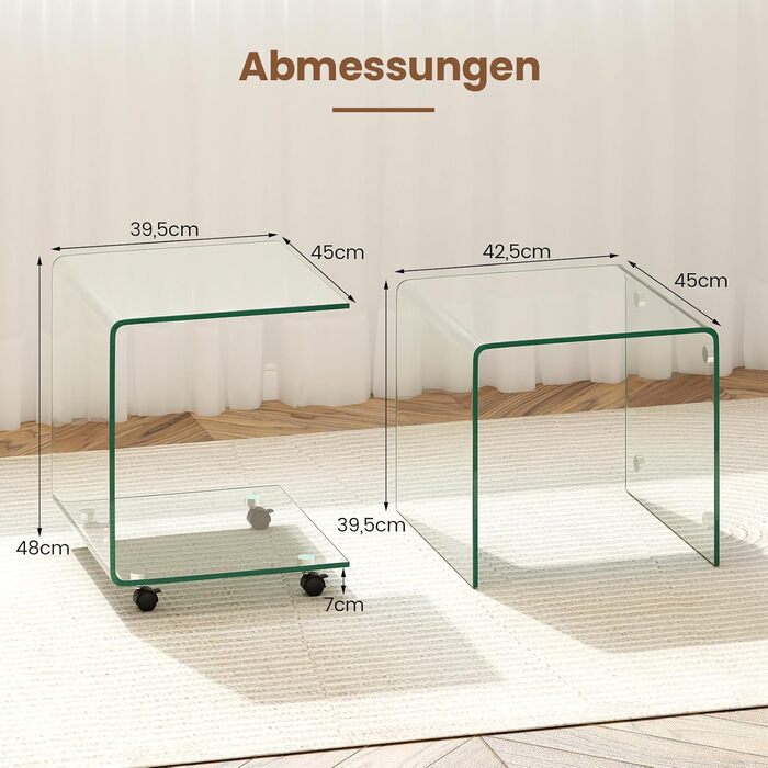 Журнальний столик COSTWAY із загартованого скла з колесами, С-подібний скляний стіл, тумбочка, столик для дивана, журнальний столик для вітальні, спальні, 45 x 40 x 48 см (прозорий) маленький (з колесами) прозорий 1