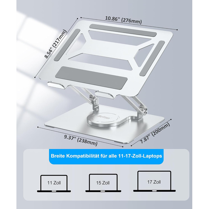 Підставка для ноутбука BoYata для столу, регульована з поворотною базою на 360, ергономічний складаний тримач для ноутбуків, сумісна з MacBook Pro/Air та ноутбуками до 17 дюймів срібляста