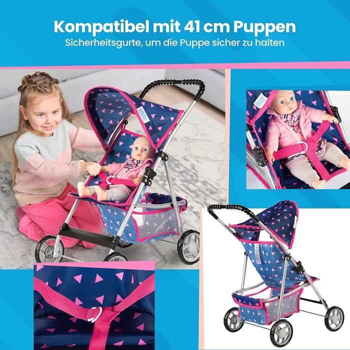 Коляска для ляльок Kinderplay лялькова коляска-баггі, коляска - дитяча іграшка, лялькова коляска для ляльок, сучасна, KP0280T Navy