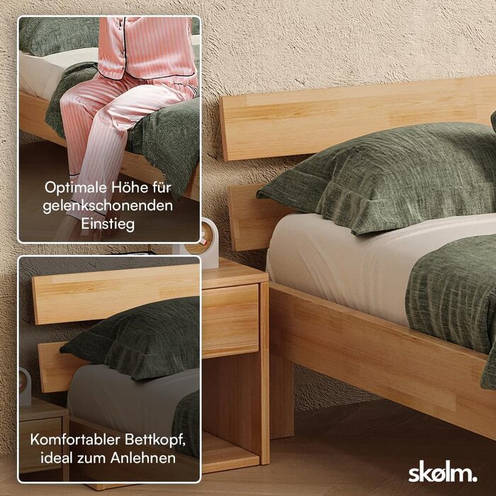 Ліжко Skølm Floki з масиву дерева 140x200 см з бука - високоякісний каркас ліжка - каркас ліжка з узголів&39ям - дерев&39яне ліжко з натуральним промасленим покриттям - ліжко 140x200 см, підходить як двоспальне ліжко - футон 140x200 см з узголів&39ям