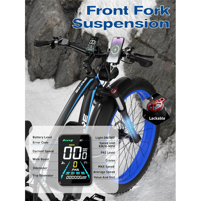 Електричний велосипед V7 для дорослих, гірський електровелосипед 264.0 дюймів з товстими шинами, акумулятор 52 В 19.2 Аг, гідравлічні гальма, 21-швидкісний електровелосипед