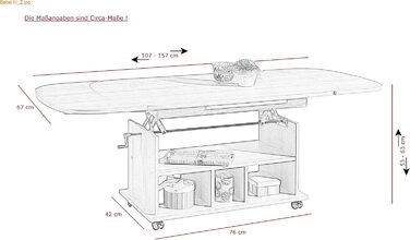 Функціональний журнальний столик Babsi, дерев&39яний матеріал з меламіновим покриттям, бук, регульована висота 53-63 см, розсувний 107-157 см, на колесах