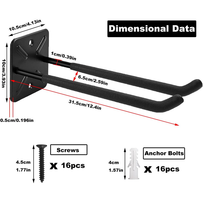 Настінний гачок Гараж, Важкі гачки для гаража, 4 шт. и Подвійні гачки Гараж, Гачки для зберігання в гаражі для організації драбини, стільця, шланга, велосипедів, електроінструментів, вантажопідйомність 80 кг 4 шт. и 12,4 дюймових гачків для гаража