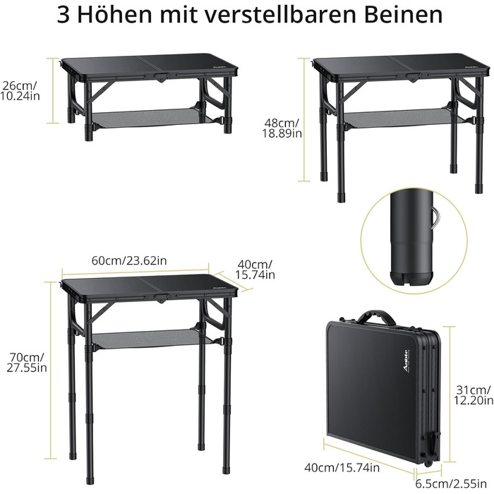 Складаний кемпінговий стіл Anbte 60x40 см, алюмінієва рама, 3 регульовані по висоті 26/48/70 см, стіл-валіза з сіткою для зберігання, портативний стіл для пікніка для кемпінгу, пляжу, балкону (повністю чорний)