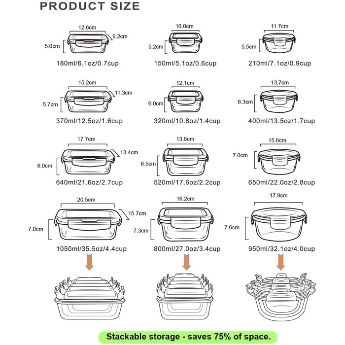 Набір скляних контейнерів для зберігання їжі GENICOOK Скляний контейнер/ланч-бокс/коробка для зберігання - не містить BPA та схвал