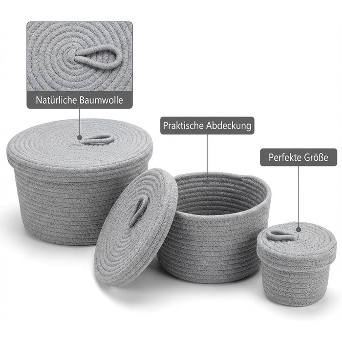 Плетені кошики з кришками, кошики для зберігання у ванній кімнаті, круглий кошик з кришкою, кошик для зберігання з кришкою, плетені кошики для зберігання (сірі)