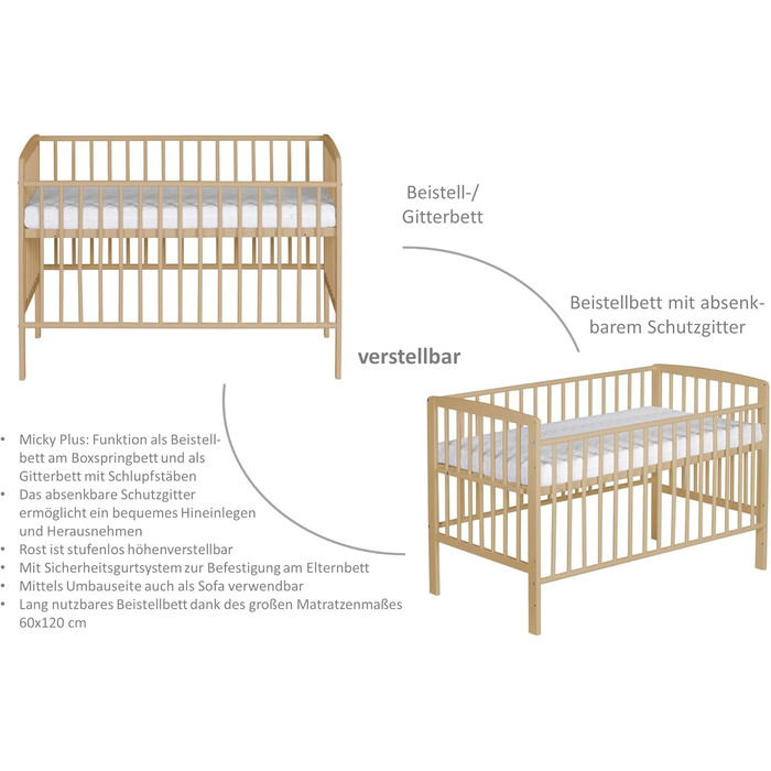 Дитяче ліжечко Micky Plus - Натуральний лак - Ліжечко 60120 см - Плавне регулювання висоти 3-в-1 - Ліжечко з бортиками для перетворення та системою ременів безпеки - Чудово підходить для ліжок з пружинним блоком