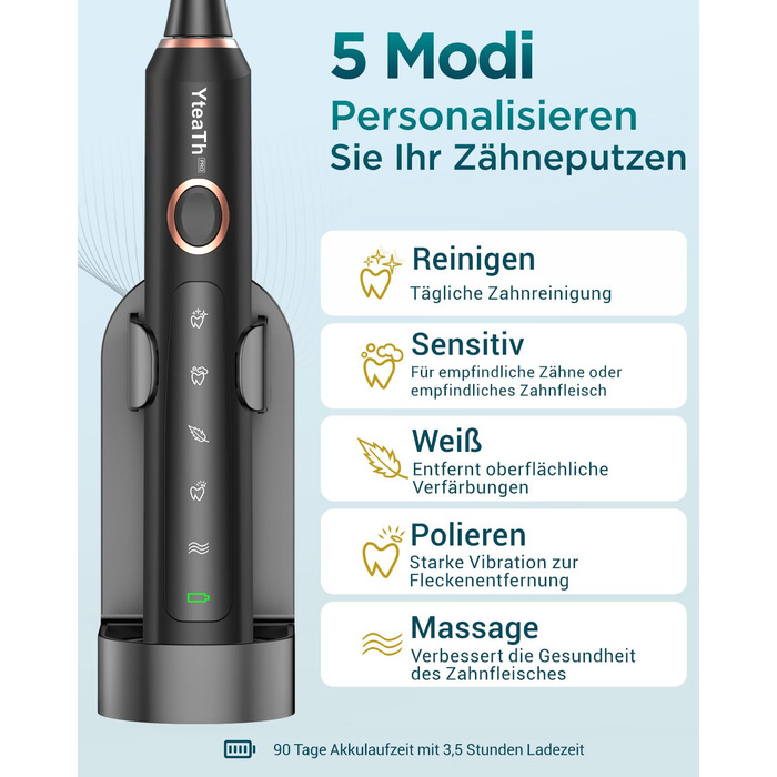 Електрична зубна щітка для дорослих і дітей звукова щітка з 8 насадками (3 типи), 90 днів роботи від акумулятора, 5 режимів, 50000 обертів на хвилину, дорожній футляр, таймер, чорний колір