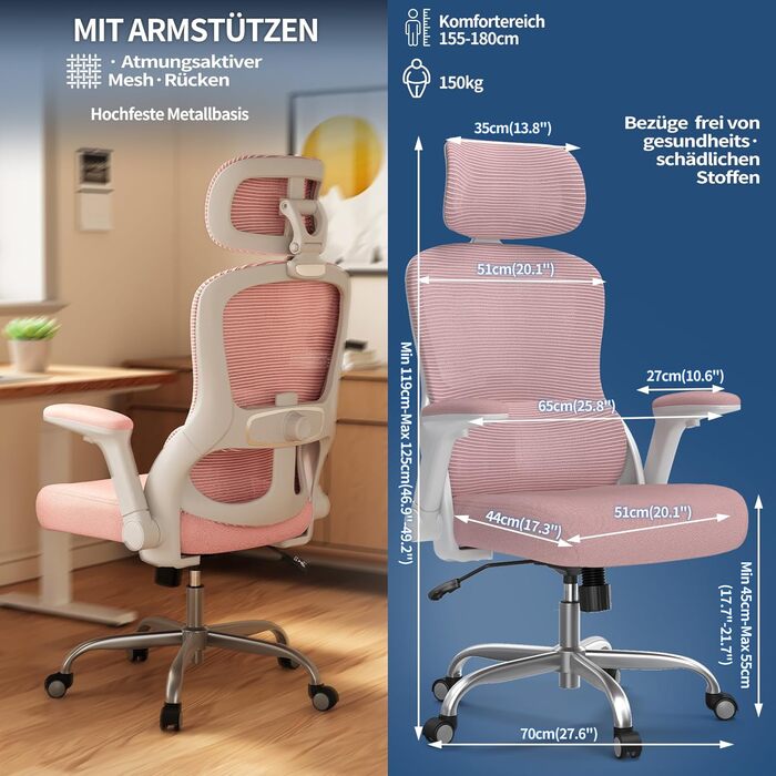 Ергономічне офісне крісло TRALT - Ігрове крісло з регульованим підголівником та поперековою опорою - Офісне крісло для дому - Комп&39ютерне крісло для високих людей - Сітчасте крісло, вантажопідйомність 150 кг, рожеве