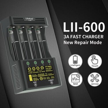 Зарядний пристрій для акумуляторів 18650 LiitoKala Lii-600 із сенсорним РК-дисплеєм, зарядний пристрій для акумуляторів типу АА з 4 відсіками, включаючи адаптер 12V5A для Li-Ion/Ni-MH/Ni-Cd 14500 21700 AA AAA тощо.