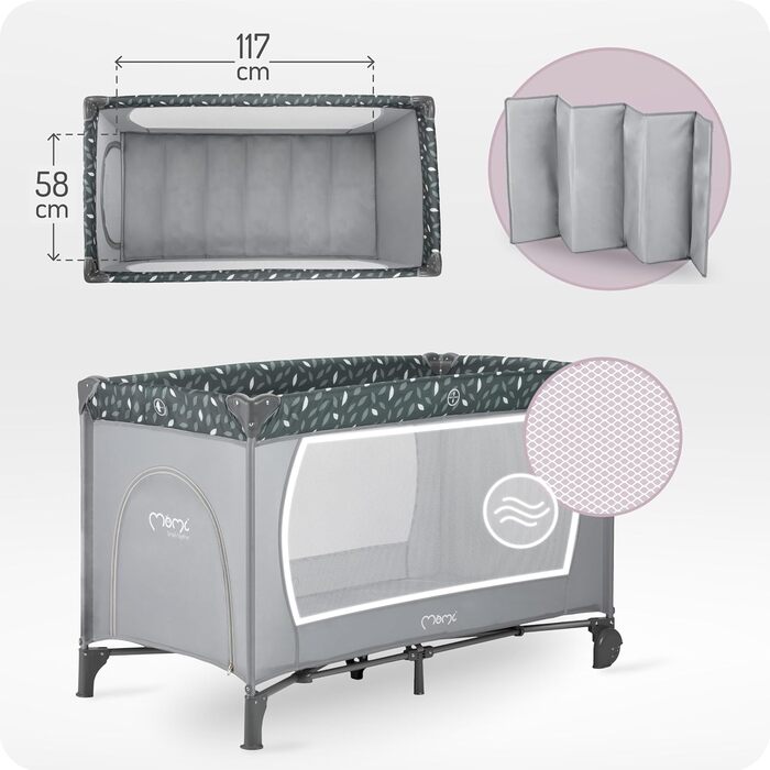 Дитяче ліжечко Momi BELOVE для дітей вагою до 15 кг, Ш65 x Д125 x В78 см (складається 21 x 23 x 80 см), дитяче ліжечко з матрацом, 2 колеса, сумка для транспортування сірого кольору