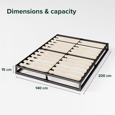 Каркас ліжка Zinus Joseph 140x200 см - Металеве ліжко 140x200 з дерев&39яною рейковою основою - Низький дизайн 15 см - Компактне пакування та легке складання - Чорний колір 140x200 см, висота 15 см