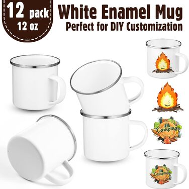 Набір з 12 емальованих кавових чашок Mimorou з сублімацією, білий, порожній, 340 мл, для кемпінгу, на природі, для чаювання, для подорожей, металевий, вузький кухоль зі срібним обідком, для вечірок, подарунків