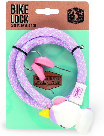 Легамі - Велосипедний замок з ключем, дизайн Єдиноріг, зовнішній шар з поліестеру, внутрішня частина з металу, довжина 75 см, аксесуар для дитячого велосипеда