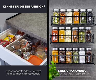 Підставка для спецій з 18 банками - Для підвішування на стіну та дверцята шафи - Не потребує свердління - Підвісний органайзер для спецій з кришками з нержавіючої сталі