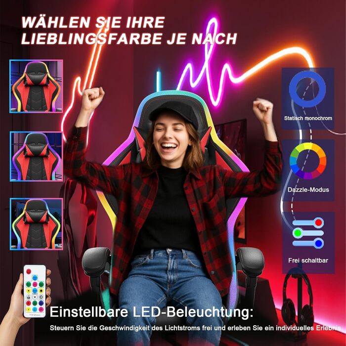 Ігрове крісло JUMMICO зі світлодіодним освітленням, круте гоночне ігрове крісло, ергономічне офісне крісло з функцією масажу, регульована спинка 90-135, з телескопічною підставкою для ніг, ігрове крісло вантажопідйомністю 150 кг, червоне