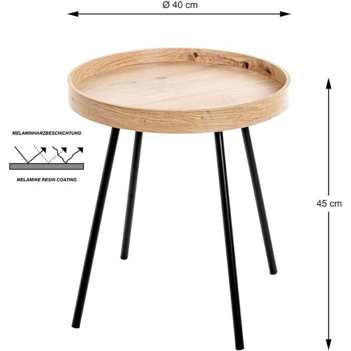 Журнальний столик HAKU Furniture, світлий дуб, чорний, МДФ, метал - Розміри В 45 x Ø 40 см, Стиль Сучасний