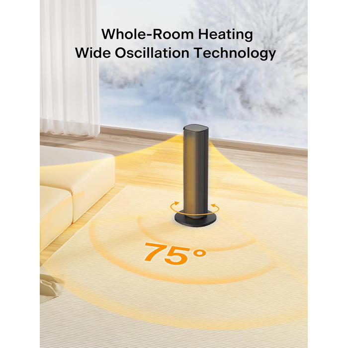 Електричний вентилятор-обігрівач PELONIS Tower Heater 2000 Вт з пультом дистанційного керування, швидкий нагрів 2S, коливання 75, еко-режим, захист від перегріву та перекидання, тихий керамічний обігрівач для спальні та офісу, 23 дюйми, чорний