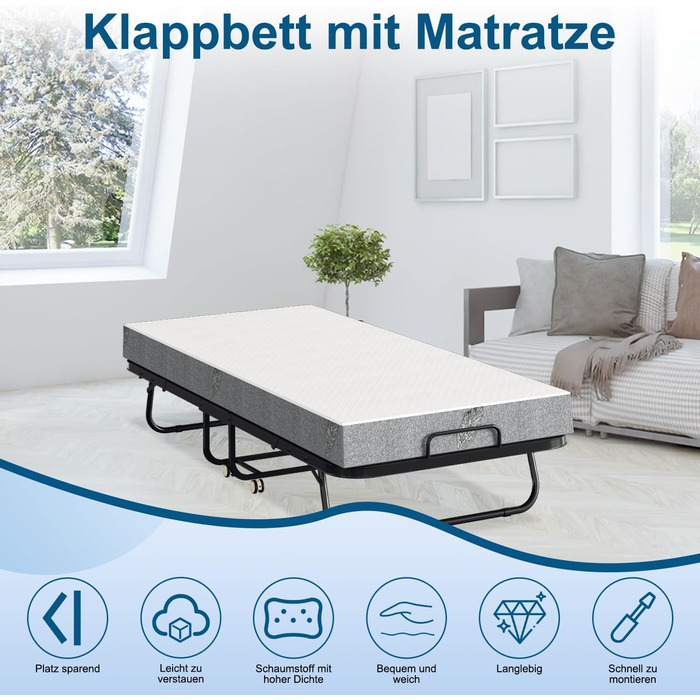 Розкладне ліжко ISOSIL 90x200 см Гостьове ліжко, розкладне з матрацом з пінопласту 13 см Гостьове ліжко, розкладне металевий каркас ліжка, розкладне ліжко на колесах, розкладне металеве ліжко, вантажопідйомність 200 кг, пилонепроникне