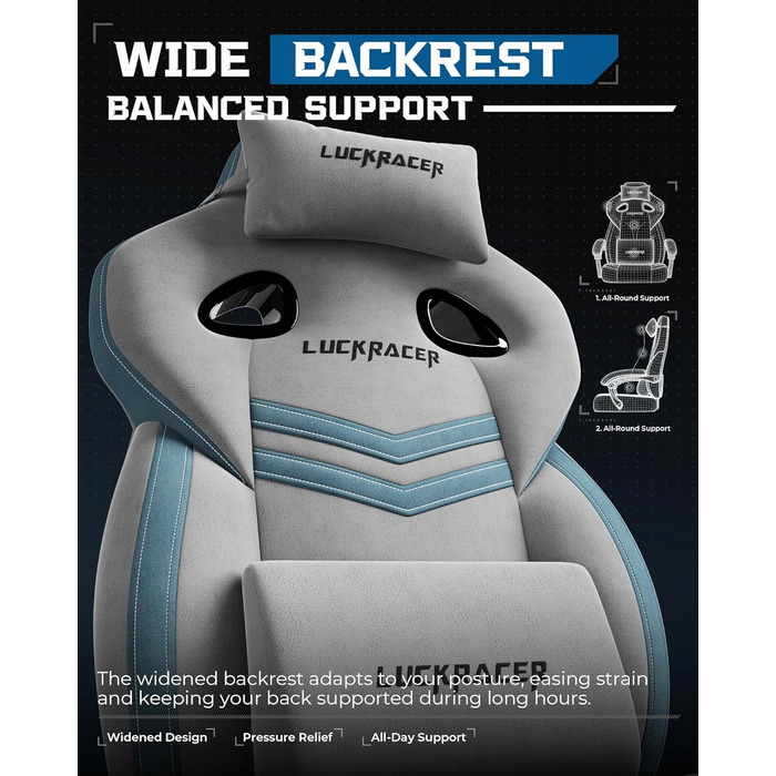 Тканина для ігрового крісла LUCKRACER, офісне крісло з підлокітниками, подушка з піни з ефектом пам&39яті, кут нахилу 90155 та підставка для ніг, міцна функціональна тканина, сірий колір