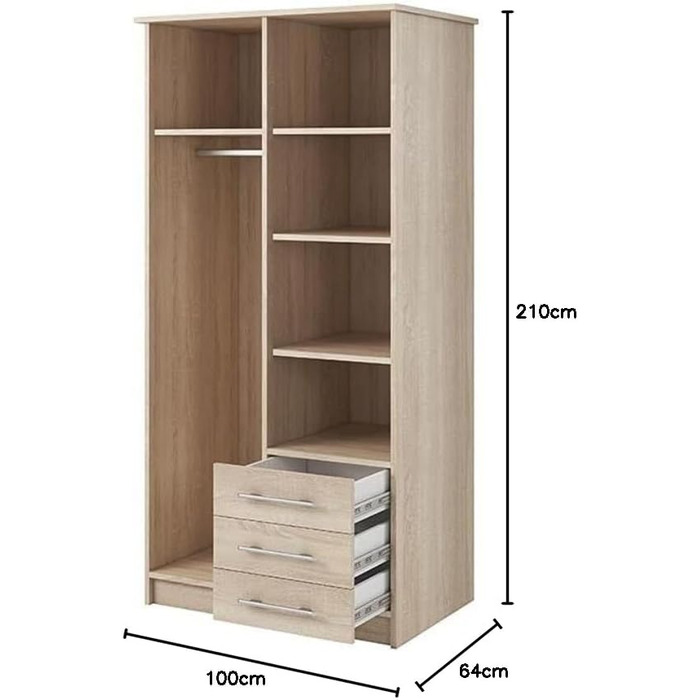 Шафа Fabryka Mebli Idczak з дзеркалом, 2 двері, 3 шухляди - Шафа з орними дверима - Шафа для спальні - 61 x 100 x 207 см - Шафа для вітальні - Вішалка для пальто, Sonoma Cabinet 2d Sonoma/Sonoma