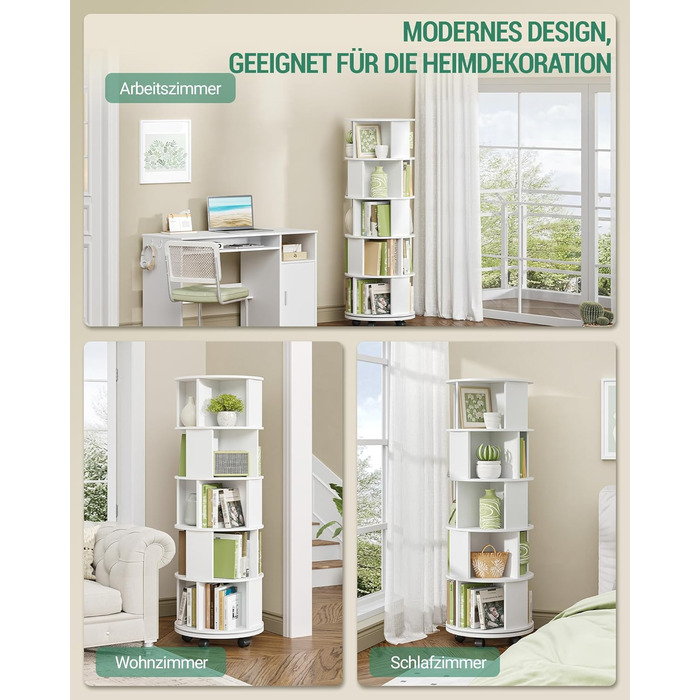 Книжкова полиця Hzuaneri, поворотна на 360, 5-рівнева вертикальна полиця для зберігання, сучасна окремостояча полиця, декоративна полиця на колесах, для вітальні, кабінету, офісу, 45 x 45 x 161,5 см, біла BC54003X