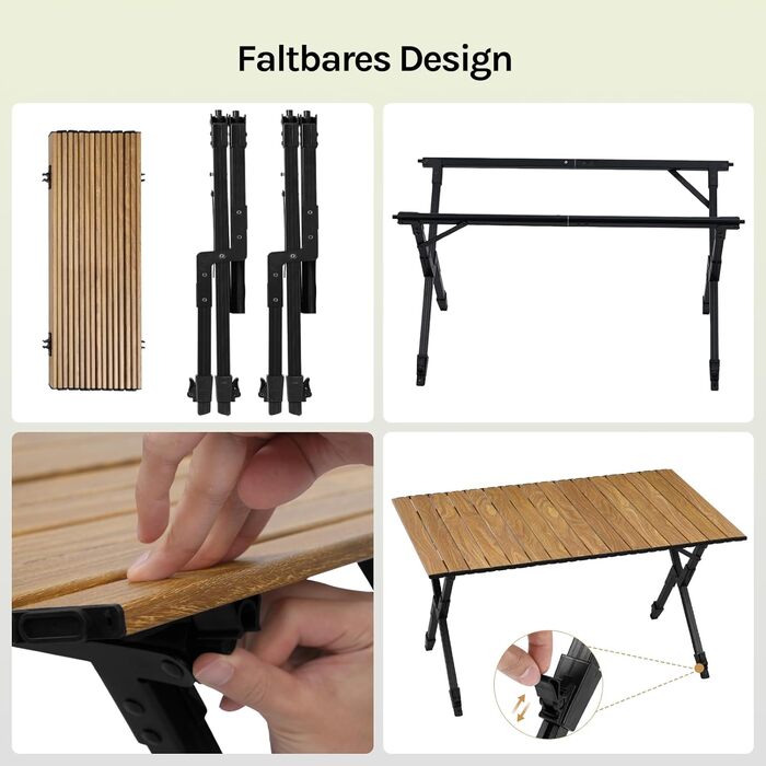 Складаний кемпінговий стіл WOLTU, легкий алюмінієвий складаний стіл, невеликий садовий стіл, регульований по висоті пікніковий стіл, з сумкою для зберігання, вантажопідйомність 50 кг, стіл для балкону або саду, дерев&39яний вигляд
